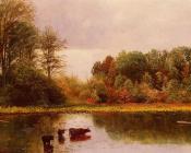 阿尔伯特 比尔施塔特 : Cows Watering in a Landscape